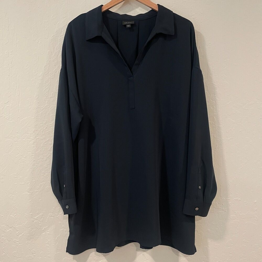 ~ J.Jill 2x Wearever Dress Black Vneck Tunic Above Knee Long Sleeve Pleated Slit - Picture 2 of 14